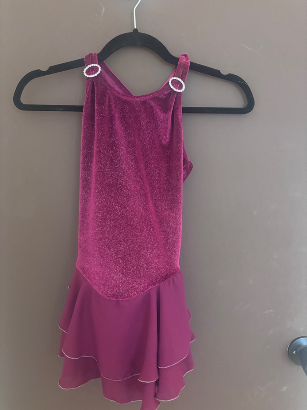 Girls Sparkle Burgundy Dance Costume with Rhinestone Straps